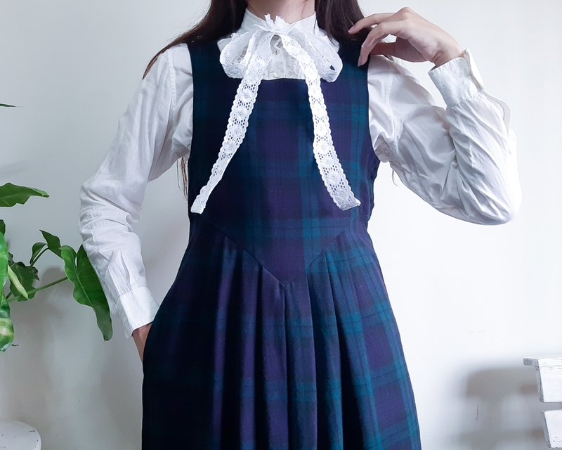 LAURA ASHLEY Vintage Plaid Pinafore Dress Wool Cotton Made in Great Britain - จัมพ์สูท - ขนแกะ สีน้ำเงิน