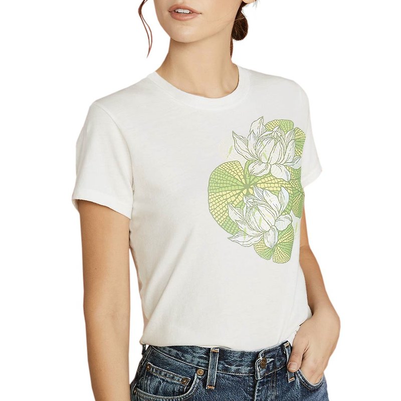 Japanese art T-shirt - Lotus 100%Cotton Made in Japan - เสื้อยืดผู้หญิง - ผ้าฝ้าย/ผ้าลินิน ขาว