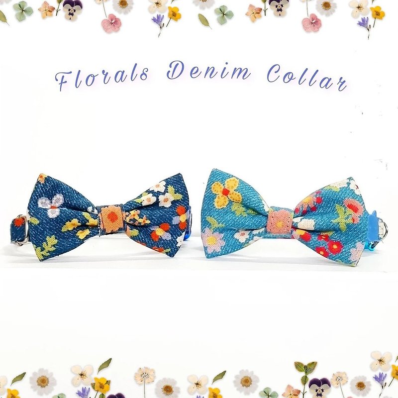 棉．麻 項圈/牽繩 藍色 - Flowers Denim fabric Cat bow tie Collar with Breakaway Safety Buckle