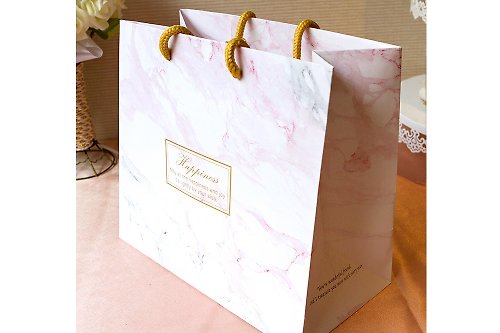 幸福朵朵 婚禮小物 花束禮物 Happiness粉白大理石紋手提袋(25X13X22cm) 禮物袋 包裝袋 紙袋