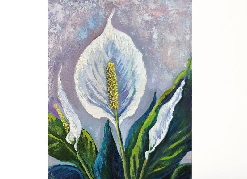 Peace Lily Painting Flower Original Art Peace Lily Oil Painting Floral Artwork - 海報/掛畫/掛布 - 其他材質 白色