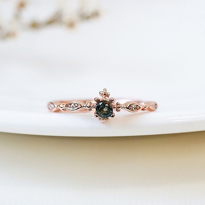 Green Sapphire Sapphire 925 Sterling Silver Rose Gold Ring Prong Setting Temperament Vintage Thin Ring - แหวนทั่วไป - เงินแท้ สีเงิน