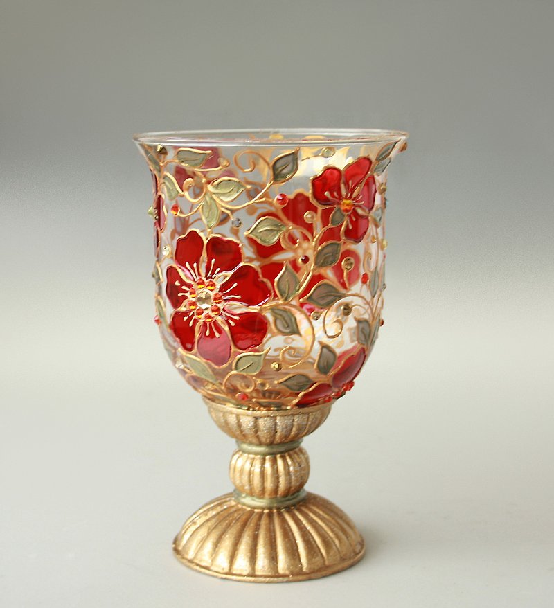 Candle Holder Gold Red Flower Swarovski Vase Goblet Centerpiece Hand Painted - 擺飾/家飾品 - 玻璃 紅色