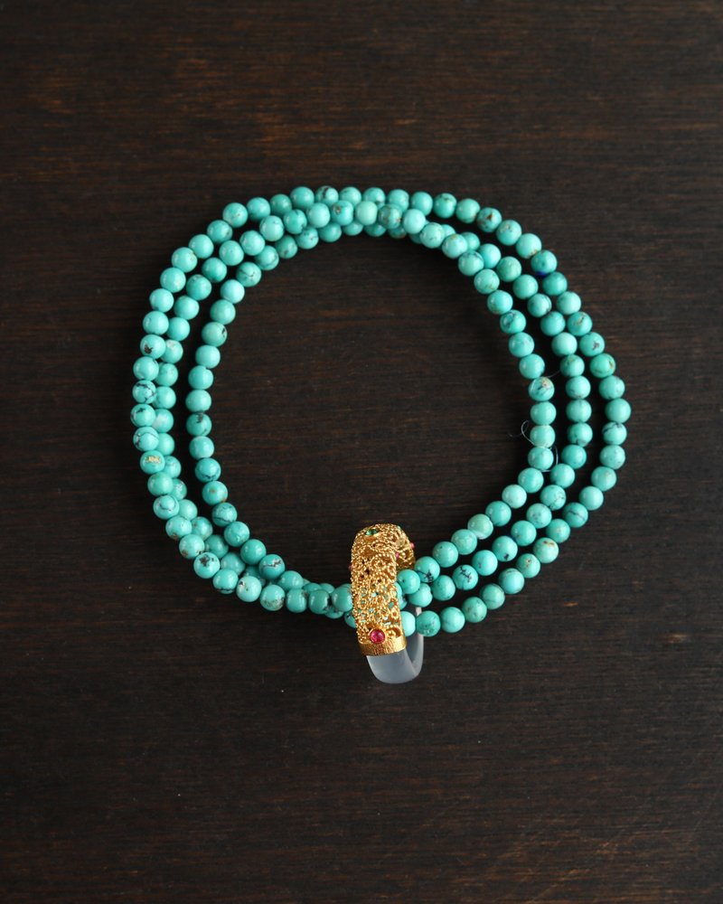 3mm天然綠松石 玉髓轉運環設計多圈手鍊手串s - 手鍊/手環 - 寶石 藍色