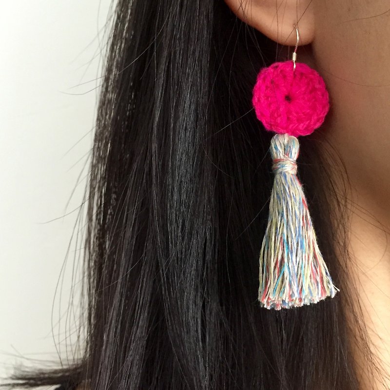 手工流蘇耳環  |  糖果色  | 鈎織小圓圈 - 耳環/耳夾 - 棉．麻 粉紅色