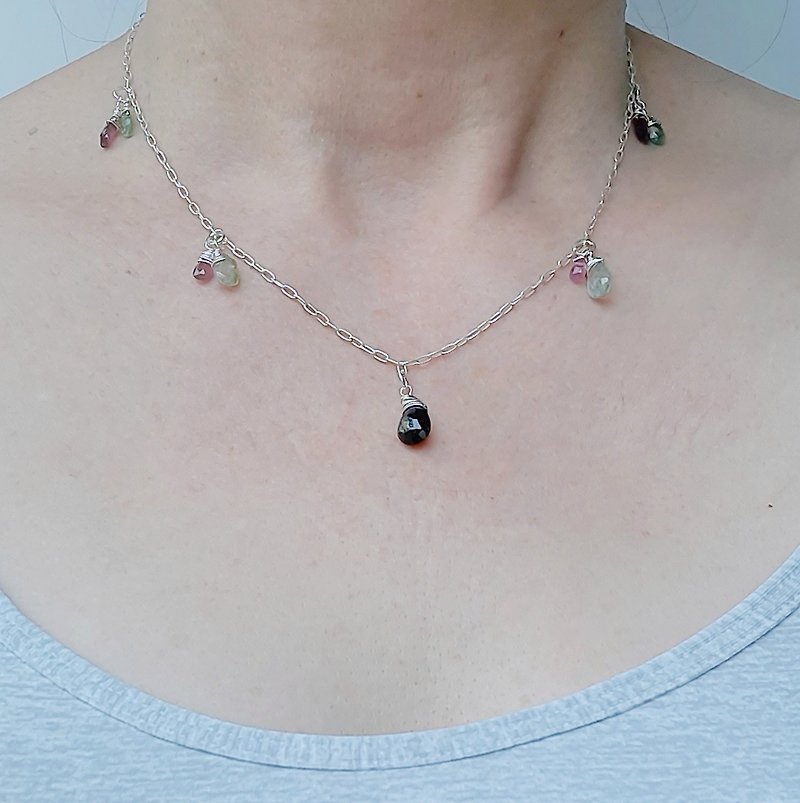 Silver necklace with hanging tourmalines. - Necklaces - Precious Metals Multicolor