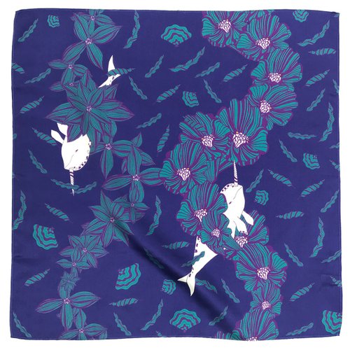海豚鳥 birphin Silk Scarf 獨角鯨花叢捉迷藏 手繪絲巾 | 桔梗・翡翠色