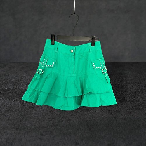 蘿綺莉蕾芭索 二手 綠色 略挺 拼接 口袋 荷葉 鉚釘鑽 低腰 29 短裙 PF420