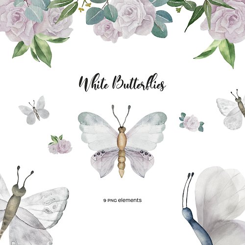 Art and Funny Watercolor white butterfly and roses illustration