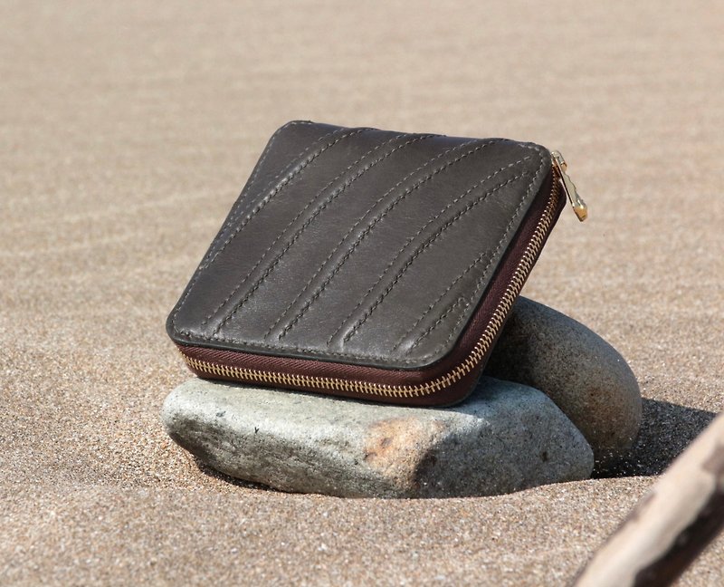 Vein compact zipper wallet - กระเป๋าสตางค์ - หนังแท้ สีเขียว