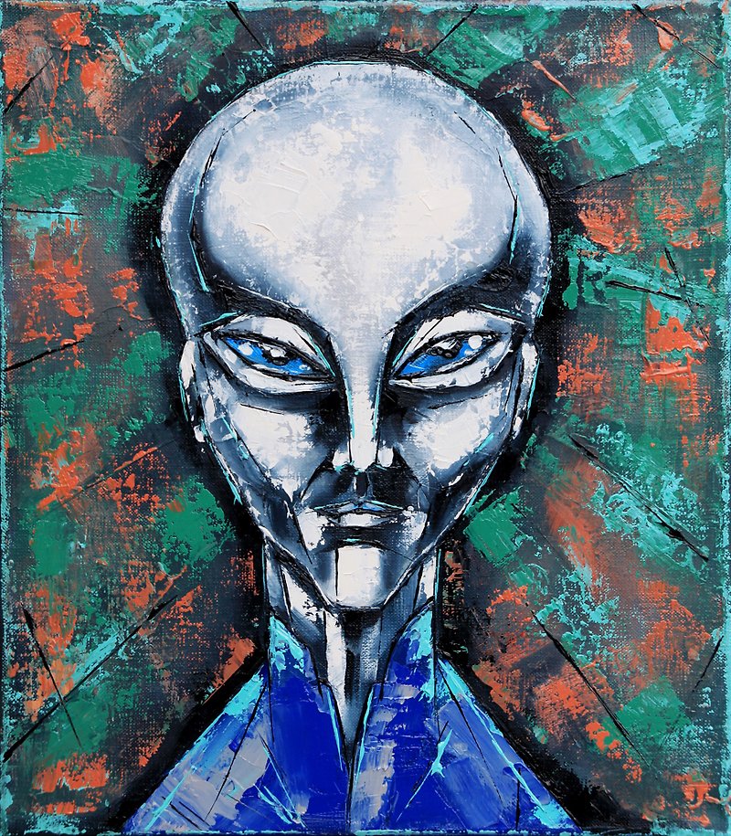 Alien Painting Space Original Art UFO Artwork Fantasy Wall Art Oil Canvas - โปสเตอร์ - วัสดุอื่นๆ สีเขียว