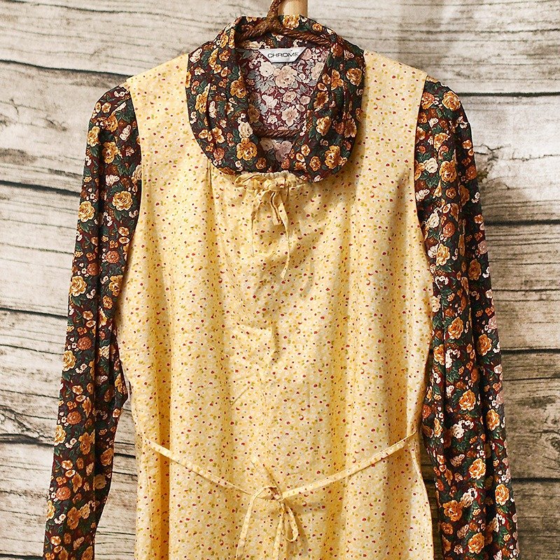 Calf Calf Village village vintage vintage retro fresh cotton sleeveless vest skirt bandage dress small yellow} {JUICE - ชุดเดรส - ผ้าฝ้าย/ผ้าลินิน สีเหลือง