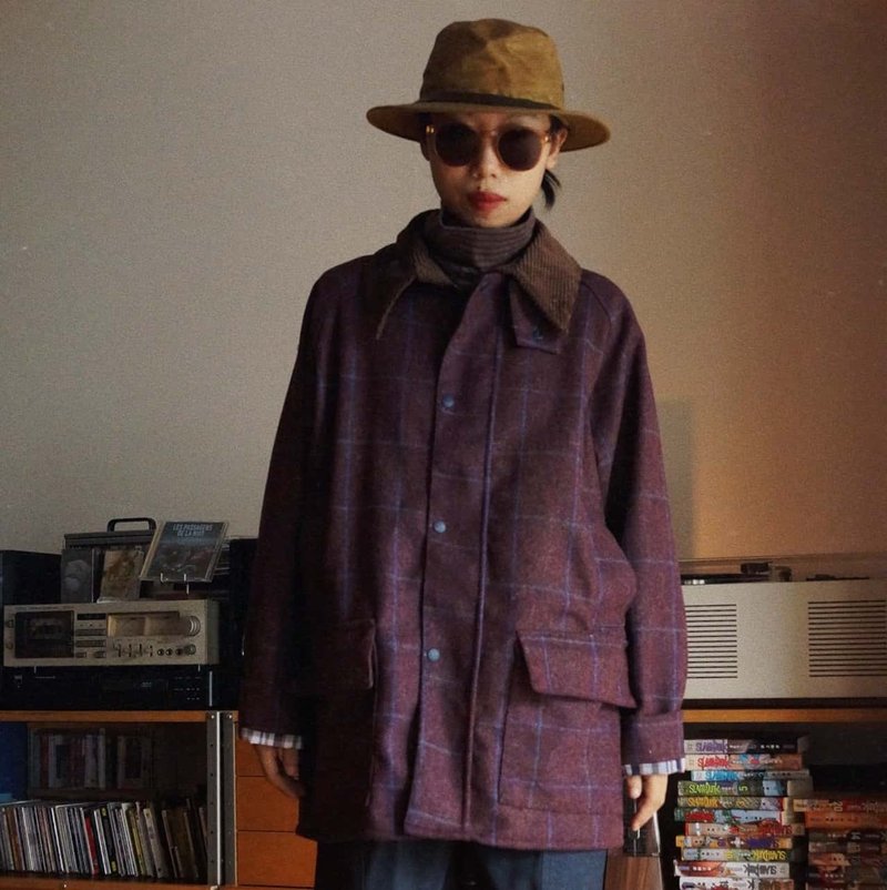 復古藍紫雜色格紋 中性款 冬季英倫夾克外套 羊毛粗花 - 女大衣/外套 - 羊毛 紫色