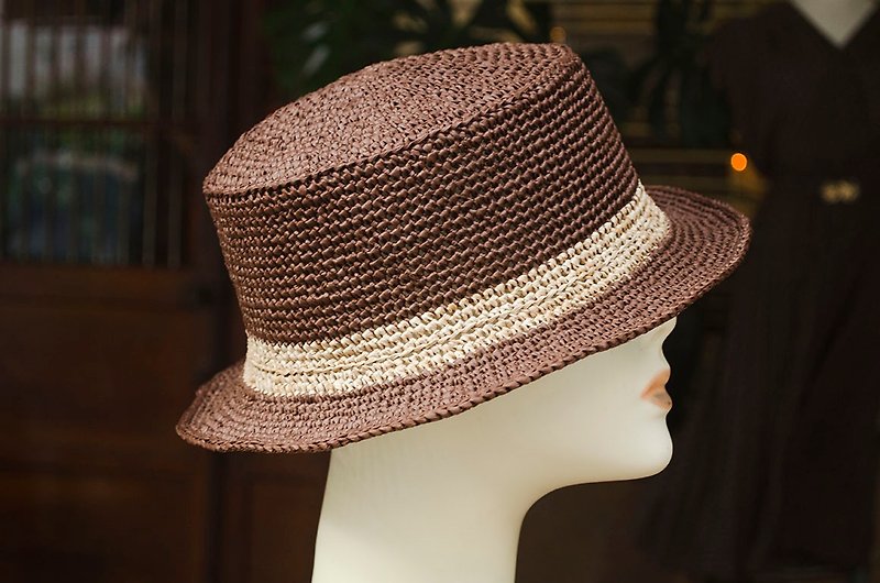 Dark coffee and light tea hand-woven papyrus dome gentleman hat BOATER | vintage Wan Er selection - Hats & Caps - Eco-Friendly Materials 