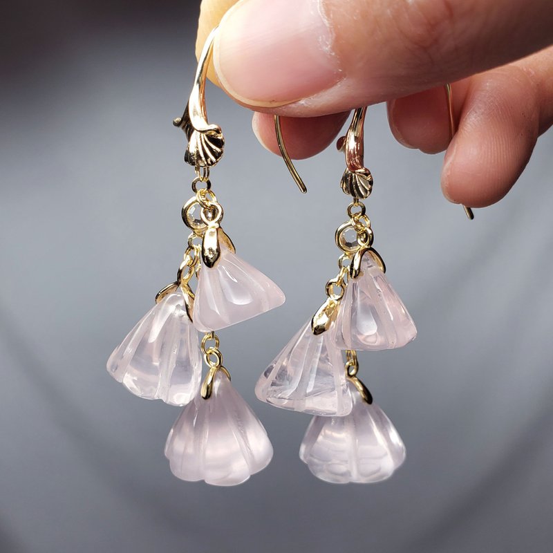 天然 星光粉晶 蓮蓬 銀杏葉 清淨 智慧 事業 人緣 平安 耳環 單品 - 耳環/耳夾/耳骨夾 - 寶石 粉紅色