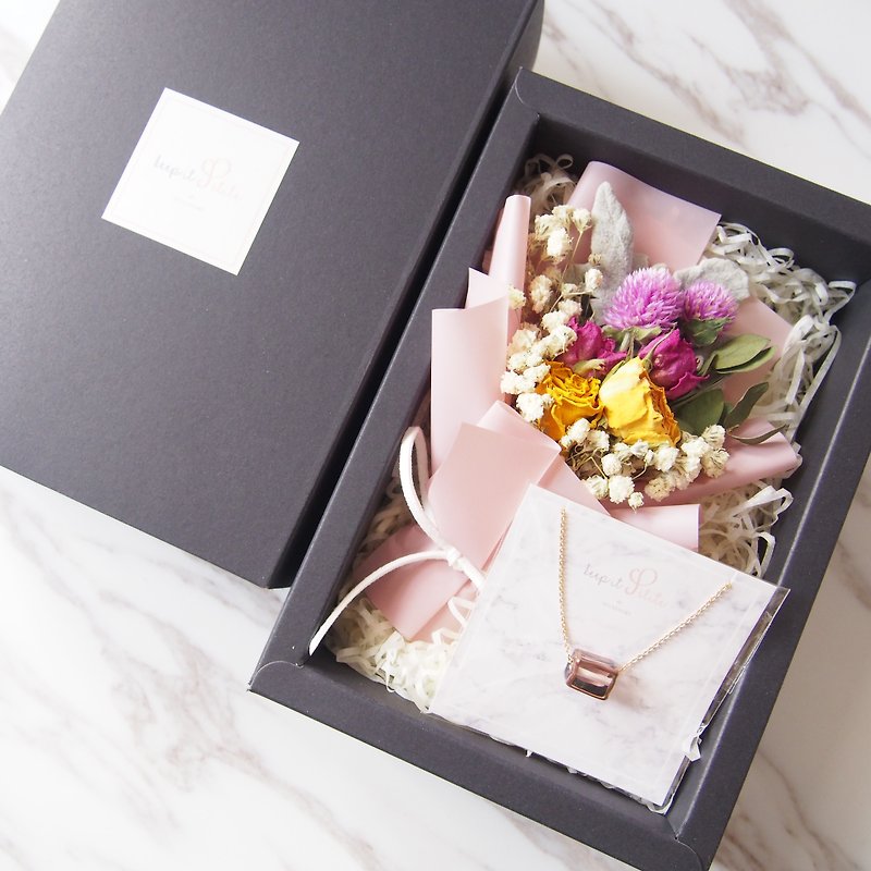 [Sweet Bouquet Gift Set] Mini Dry Bouquet (Pink) + Glass Square Bead Necklace Mother's Day - สร้อยคอ - โลหะ สึชมพู