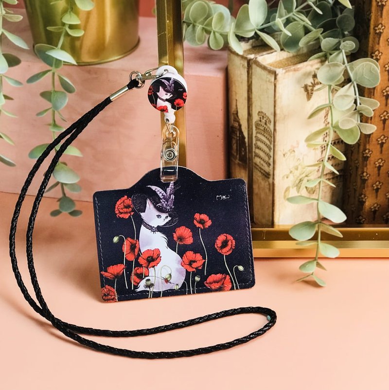 Lanyard Card Holder | Horizontal | Leisure Card Holder | Identification Card Holder | Student Card-Poppy Beauty Cat - ID & Badge Holders - Faux Leather Red