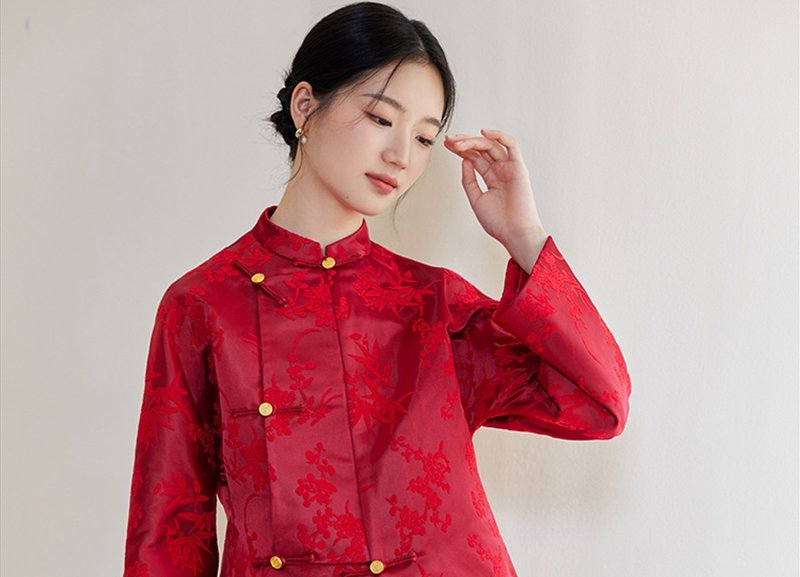 New Chinese style intangible cultural heritage Zhang velvet satin jacquard oblique collar jacket/skirt - Women's Tops - Other Materials Red