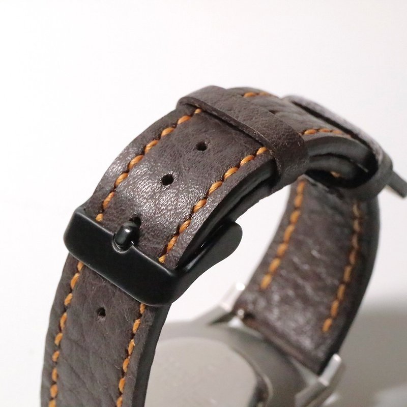 ハンドメイド クロムなめし レザー ストラップ 20mm - ビッグ ピーナッツブラックチョコレート - 腕時計ベルト - 革 ブラウン