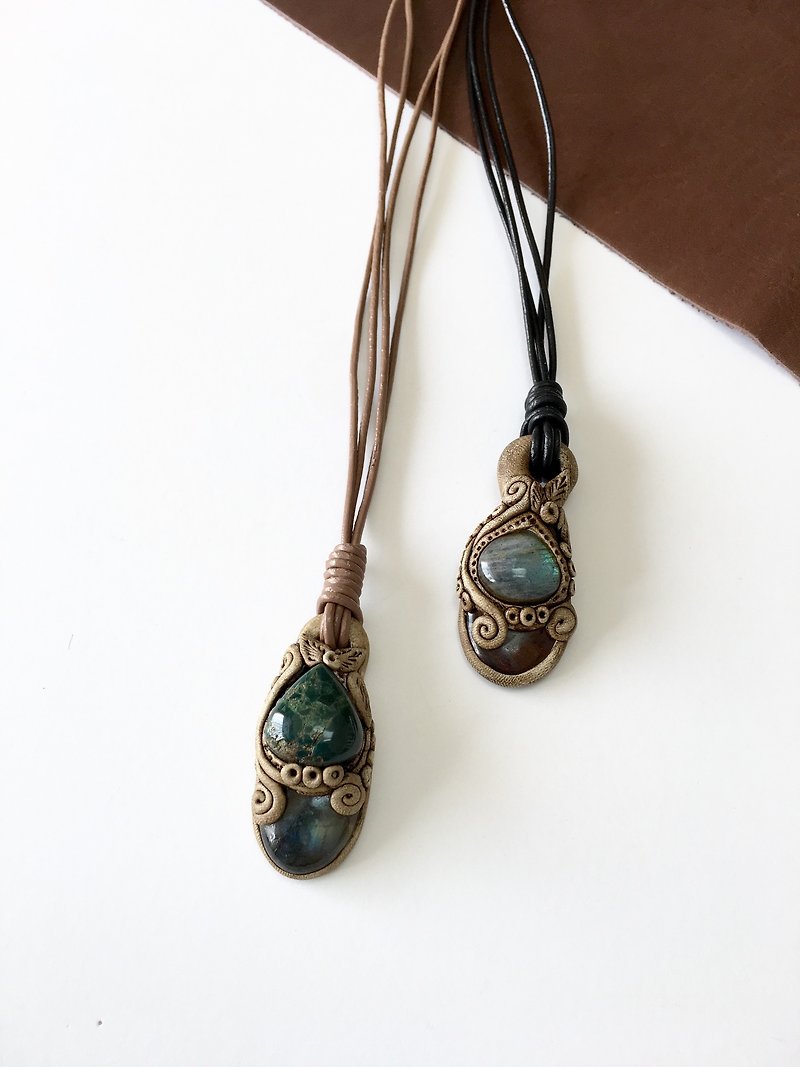 Gemstones and polymer clay leather necklace - สร้อยคอ - หิน หลากหลายสี