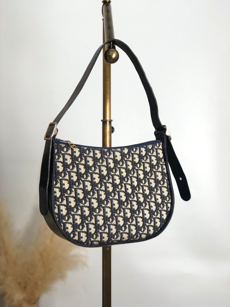 [Direct from Japan, branded used bag] Christian Dior Trotter handbag, navy, jacquard, vintage 2d48b2 - กระเป๋าถือ - ผ้าฝ้าย/ผ้าลินิน สีน้ำเงิน