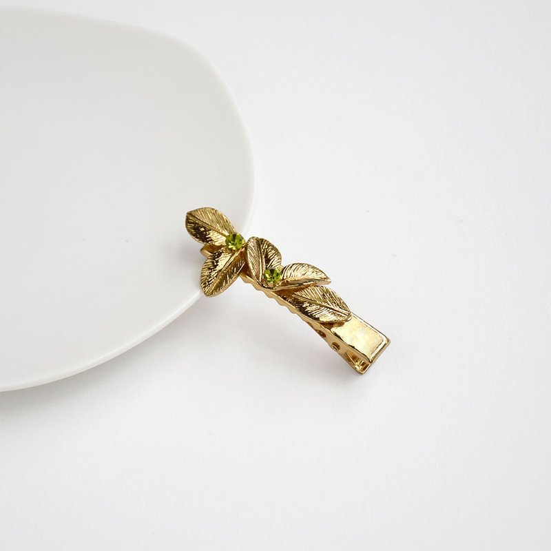 【春夏新品】黃銅葉森林綠水晶髮夾-手工特製款 - 髮夾/髮圈 - 銅/黃銅 金色