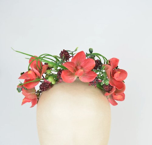 Elle Santos Crown Flower Headpiece in Romantic Red with Silk Flower Orchids and Raspberries