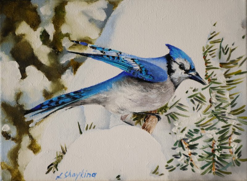 Original Oil Painting Jay Bird, Realistic Blue Jay - ของวางตกแต่ง - วัสดุอื่นๆ สีเขียว