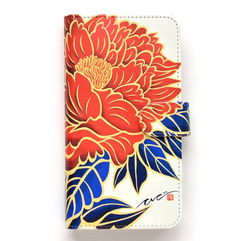 [Order product] iPhone notebook type case - Red Peony - Phone Cases - Faux Leather Red