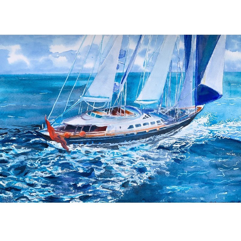 Original Watercolor painting Sailing Yacht in the seascape Artwork Aquarelle - 壁貼/牆壁裝飾 - 紙 多色