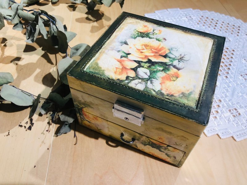 迷濛黃玫瑰珠寶盒 首飾盒 紙藝拼貼 蝶古巴特 限量現貨 五倍卷 - 居家收納/收納盒/儲物盒 - 尼龍 粉紅色