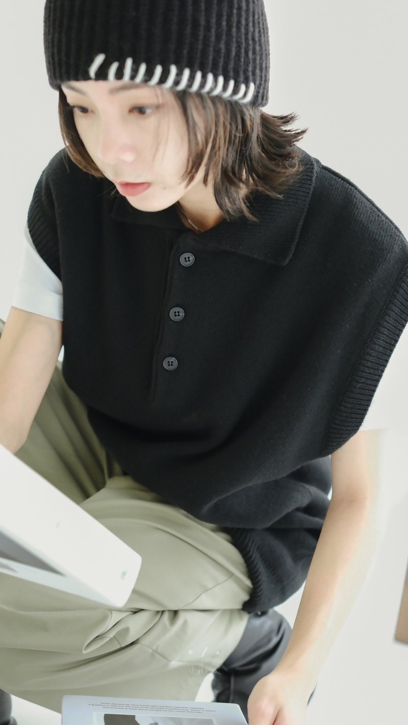 大人物誌翻領針織背心 - 2色 - 大人黑 - 男背心 - 其他人造纖維 黑色