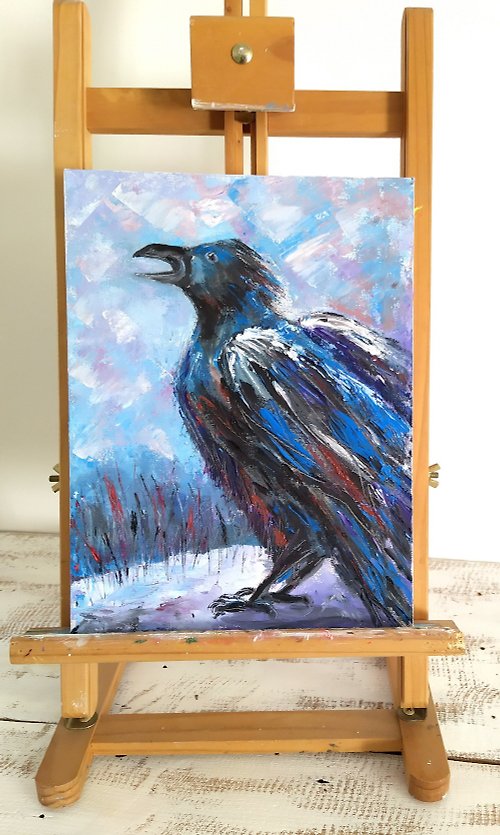 DCS-Art Raven on snow small original oil painting on stretched canvas home wall decor