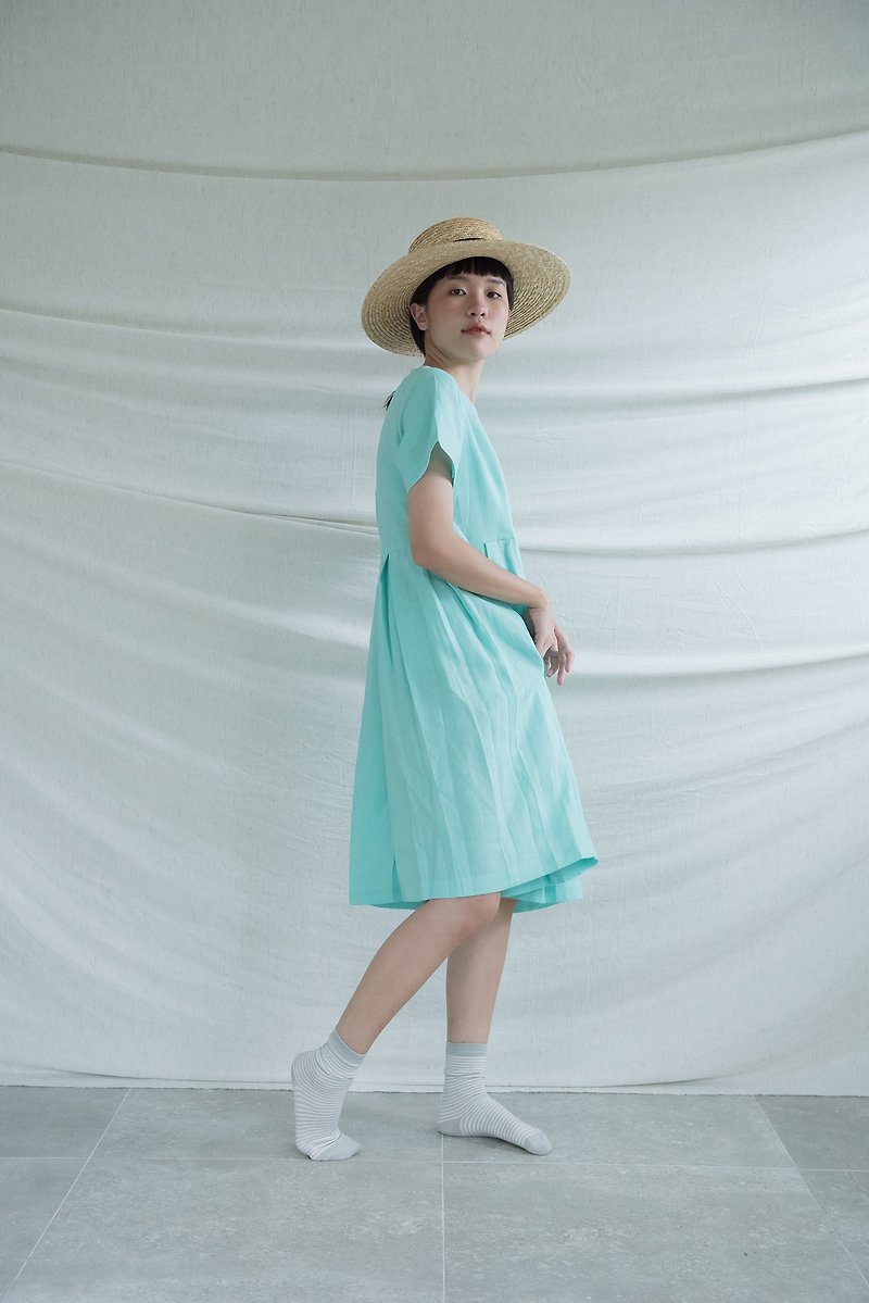 Mint Pleated Linen Dress - 洋裝/連身裙 - 亞麻 綠色