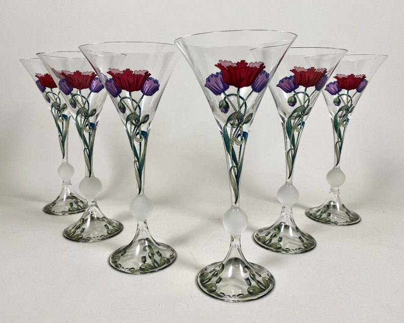 復古法國馬丁尼酒杯 6 件組 罌粟花束設計 20 世紀 70 年代 - 酒杯/酒器 - 玻璃 多色