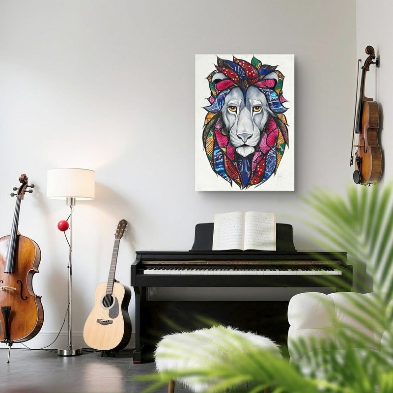 【V364 Kitenge 優雅獅王】坦尚尼亞手繪無框畫,掛畫 居家裝飾 - 海報/掛畫 - 其他材質 