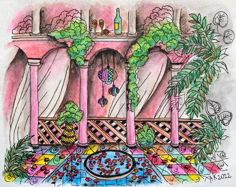 Little Garden watercolour painting, Morocco Arabic style artwork, travel drawing - 壁貼/牆壁裝飾 - 其他材質 粉紅色