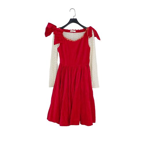 蘿綺莉蕾芭索 二手 紅白配色 絨布 蕾絲袖 傘裙 長袖 洋裝 OPD304