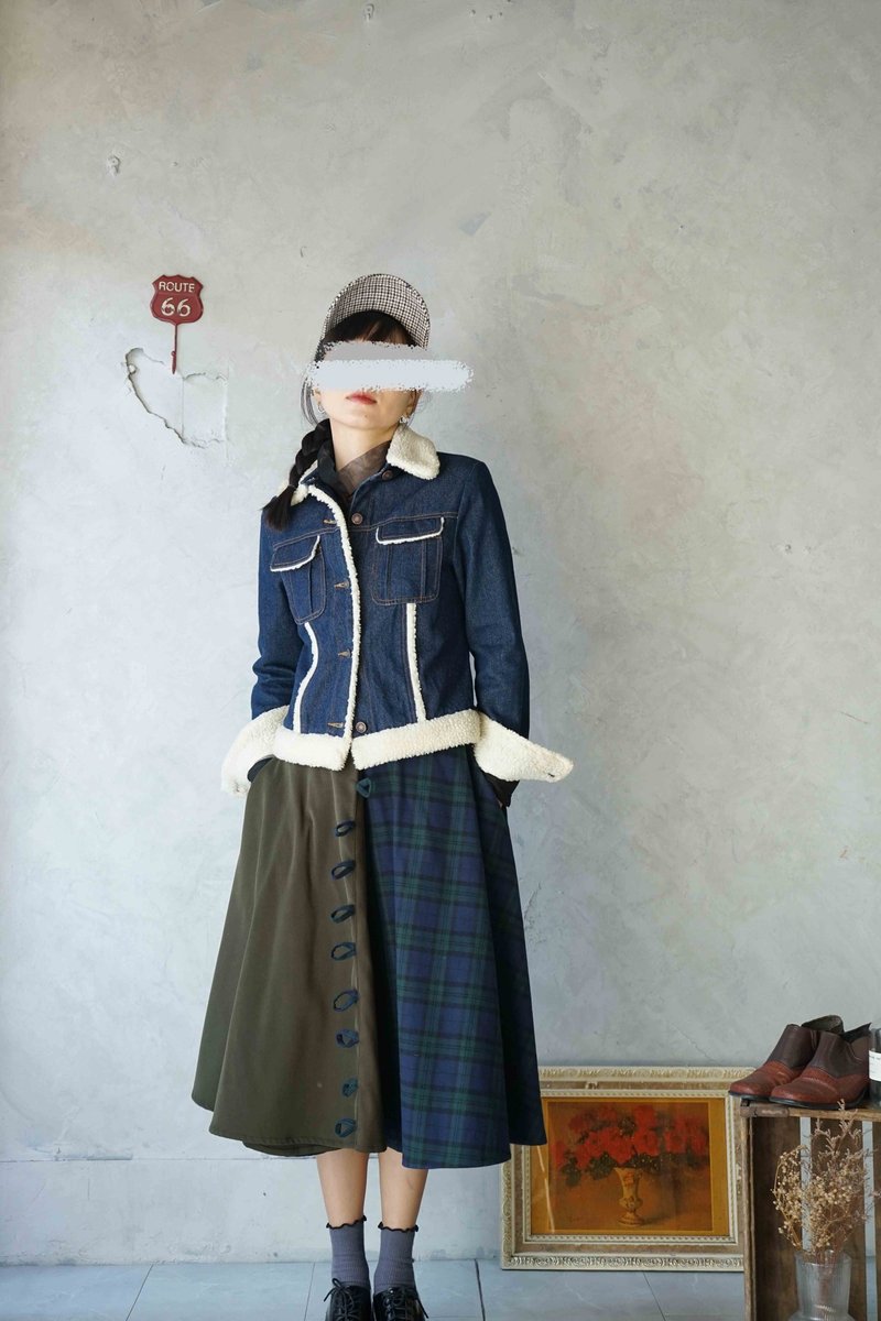 設計手作-學院風格經典綠格紋拼接不對稱設計環圈復古圓裙 - 裙子/長裙 - 聚酯纖維 綠色