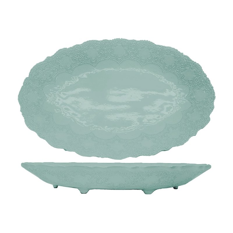 義大利VBC casa-手工浮雕蕾絲系列48cm橢圓有腳水果盤(蒂芬妮綠) - 碟/盤子/餐盤 - 陶 綠色