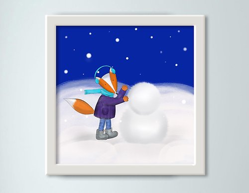 Alenaresuet Funny Fox, Snowy evening, Cute Poster, Digital File