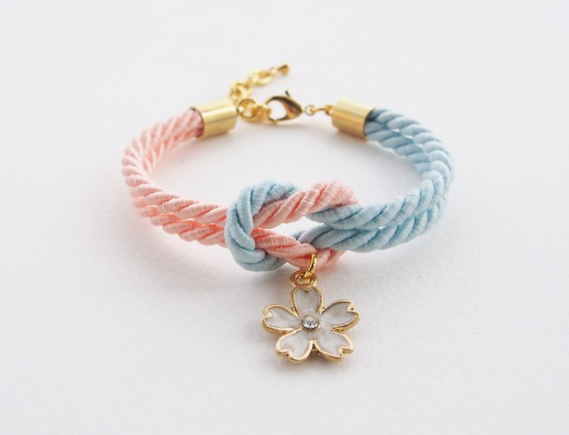 Peach and Blue tie the knot bracelet with flower charm - สร้อยข้อมือ - วัสดุอื่นๆ สีส้ม