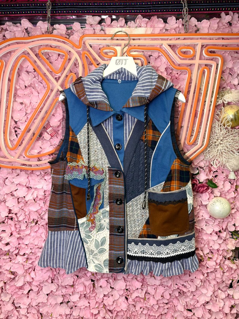 OTT獨一無二•Unique日系可拆帽假兩件撞色tweed毛衣牛仔外套 - 女大衣/外套 - 羊毛 橘色