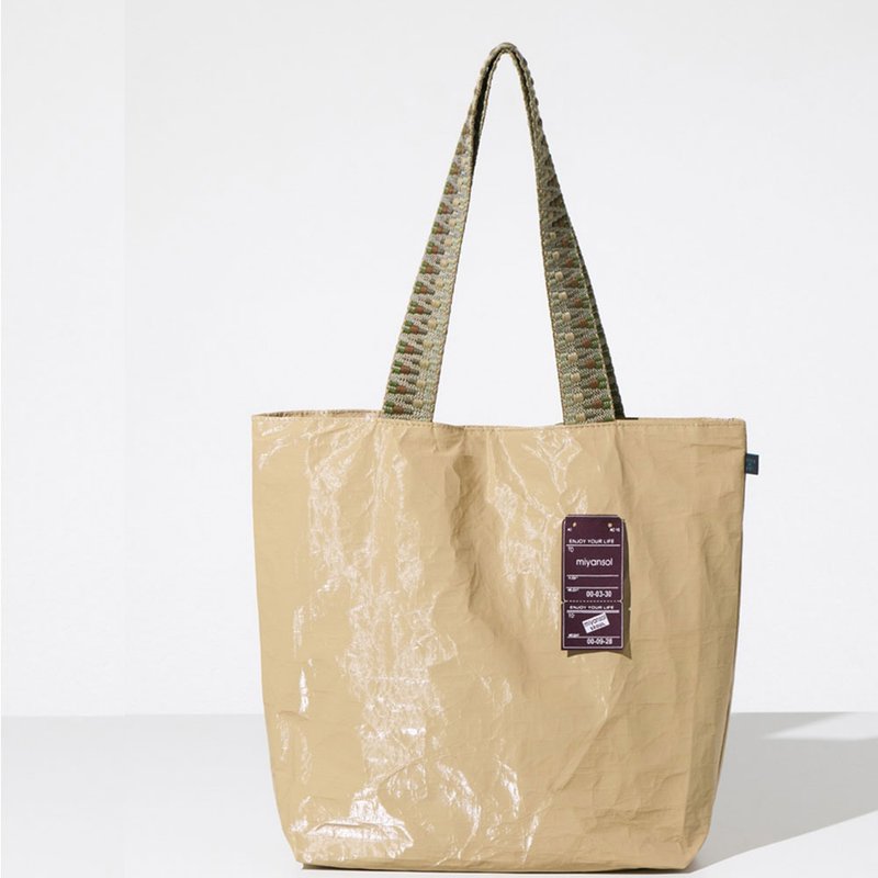Miyansol韓國皺皺托特包(長背帶)-F.可可布丁 防水輕量通勤款 - 側背包/斜背包 - 紙 卡其色
