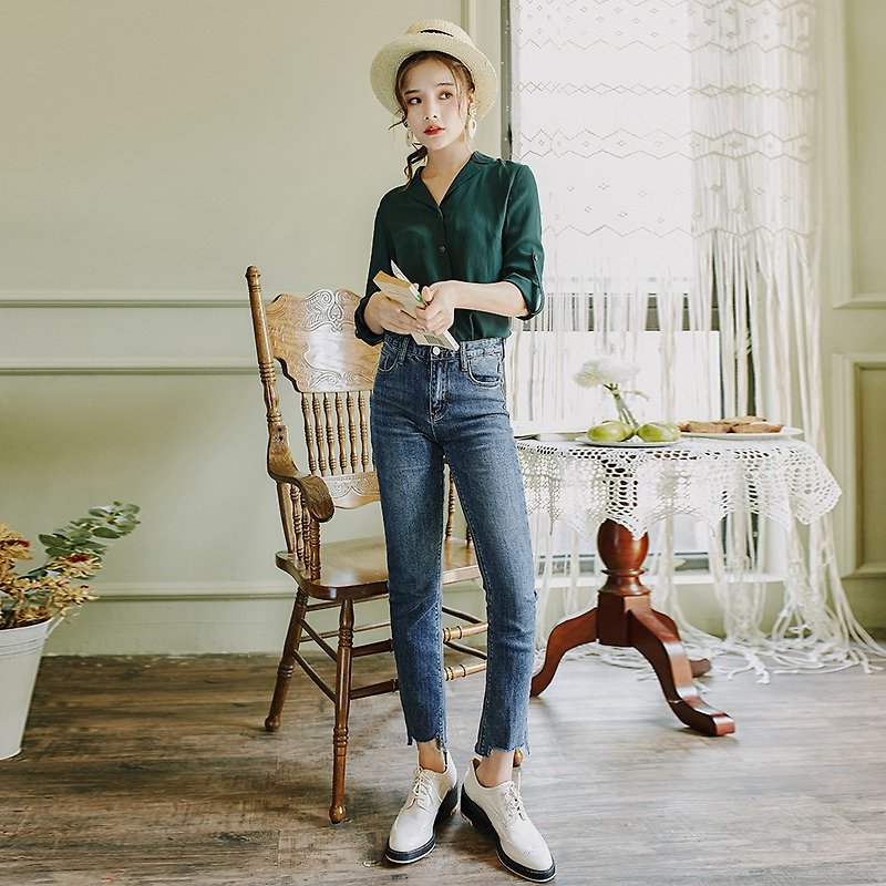 [Special offer] early autumn 2018 fashion wear solid color suit collar shirt short short long jeans suit - Women's Shirts - Polyester Multicolor