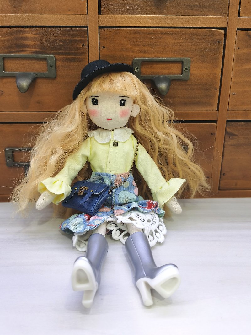 Handmade Sweet Girl in Trendy Set - Stuffed Dolls & Figurines - Cotton & Hemp Yellow