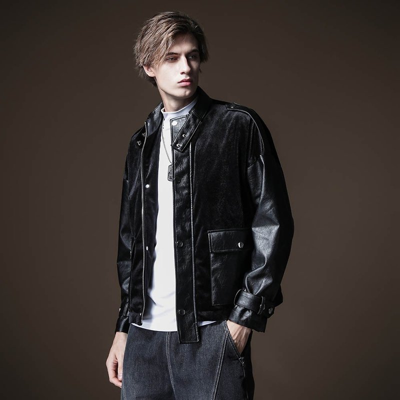 PINLI Mens Stand Collar PU Leather Jacket - เสื้อโค้ทผู้ชาย - วัสดุอื่นๆ สีดำ