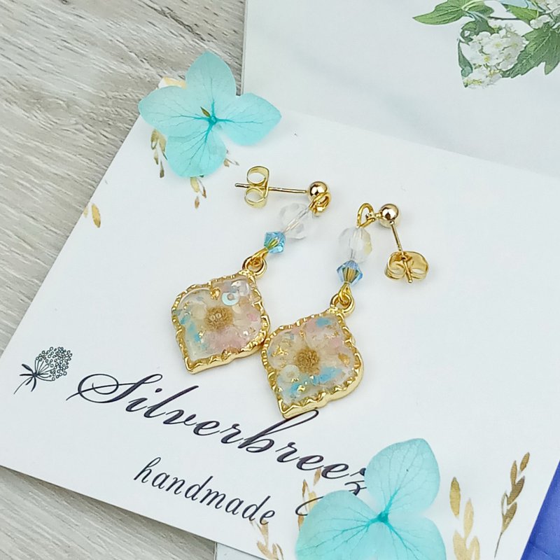 永生花耳環 真花耳環 乾燥花耳環 不凋花 禮物 耳夾 (ER-022) - 耳環/耳夾/耳骨夾 - 樹脂 藍色