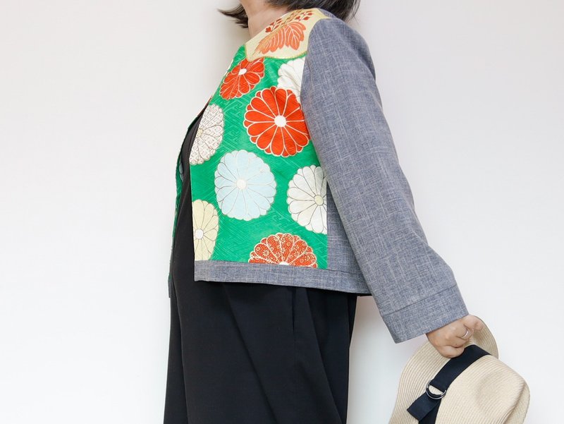 KIMONO CREW NECK JACKET -ヴィンテージ着物を使ったクルーネックジャケット １点物です - 女大衣/外套 - 聚酯纖維 綠色