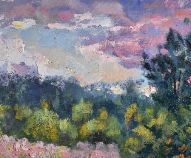 与自然绘画 自然の絵 風景 油畫原作 夏 アートワーク 夕雲 木